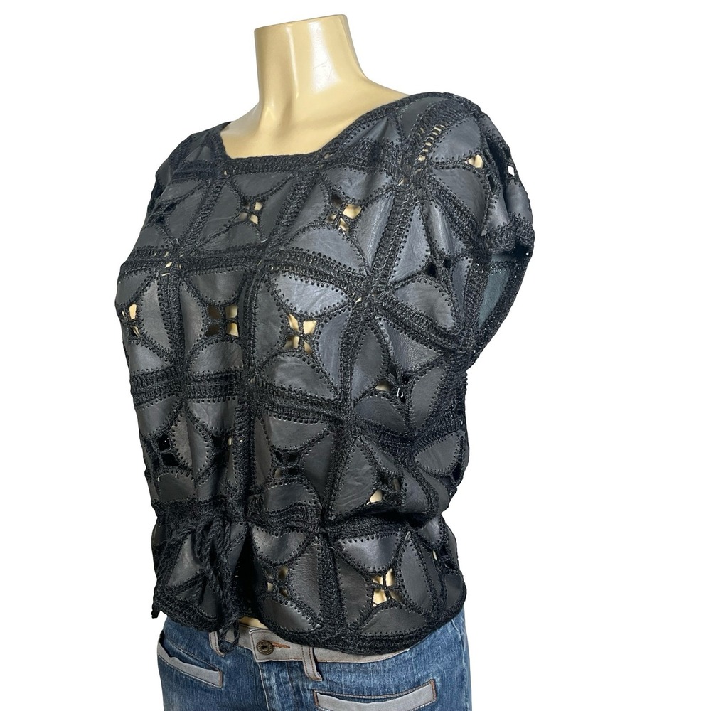 Handmade Leather Crochet Patchwork Top Black Boho Festival Cap Sleeve Womens ML